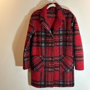 CHARLIE B Red and Black Plaid Pea Coat